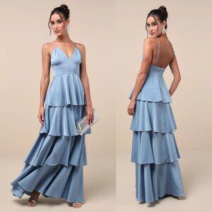 NWT Lulus Going with Elegance Slate Blue Satin Tiered V-Neck Gown Size Small